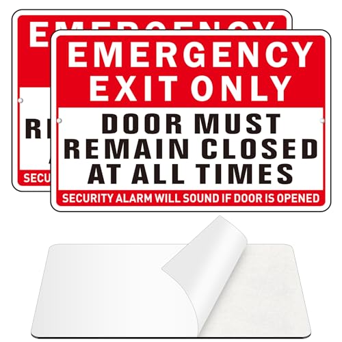 Emergency Exit Only Sign (2 Pack) Self Adhesive Emergency Exit Sign Sticker for Door Rust Free and Reflective Aluminum Metal Signs for Wall (9 x 6 inches Red/White)