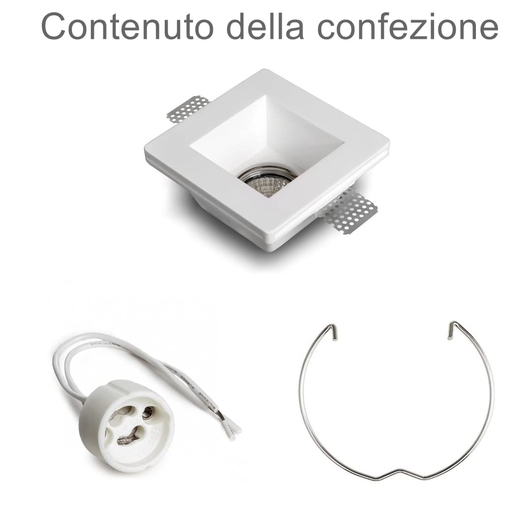 Eurekaled 10pz - Portafaretto Quadrato in Gesso CERAMICO da Incasso per GU10 e MR16 in cartongesso, Bianco