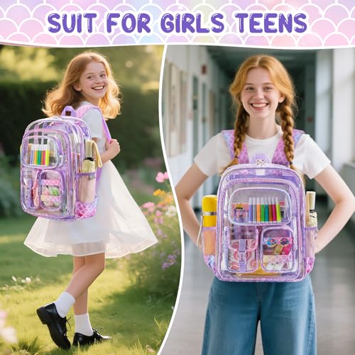 Image of Mermaid Clear Backpack for Girls, 17 Inch Heavy Duty Transparent School Bookbag for Kids with Pencil Case & Cute Accessories