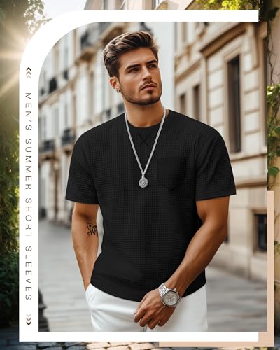 Riyiper 3 Pack Men's Casual Waffle T Shirts Summer Crewneck Short Sleeve Tops Basic Vintage Knit Tee with Pocket4