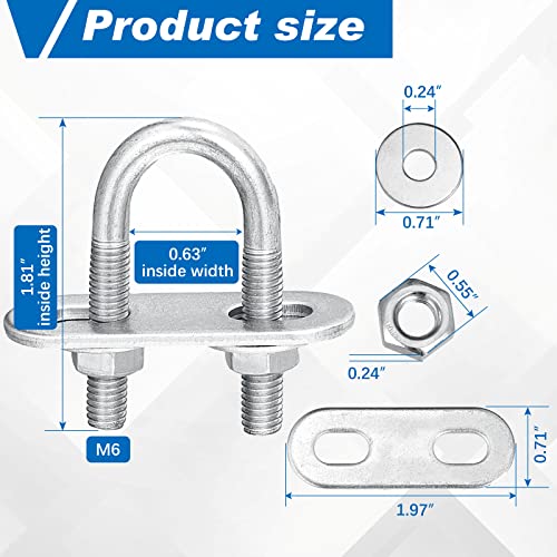 Image of Therwen 16 Sets Round U Bolts Zinc Plated Steel M6 Round Bend U Clamp with Nut Plate Washer (M6 x 16 mm x 46 mm)