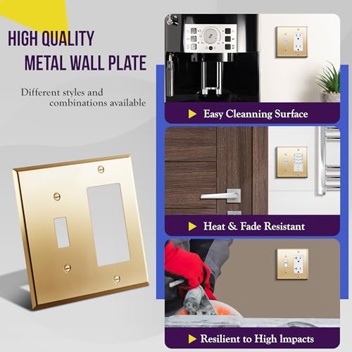 Image of ENERLITES Combination Toggle and Decorator Switch Metal Wall Plate, Stainless Steel 201, Corrosion Resistant, Size 2-Gang 4.50 inch x 4.57 inch, 771131-PB, Polished Brass, Gold