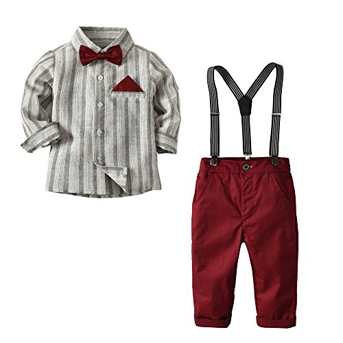 4Piece Toddler Baby Boys Gentleman Outfits Set,Long Sleeve Striped Shirt Tops Bow Tie Pants Trousers Overall Clothing Suit Red
