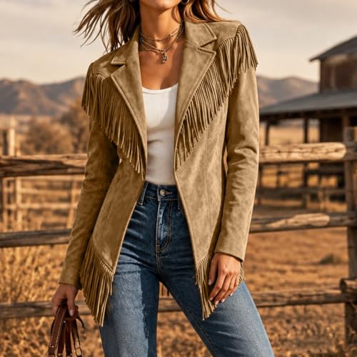 Faux Suede Jacket Women Vintage Leather Fringe Jacket Western Cowgirl Coats - image 3