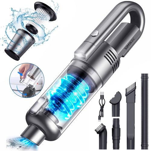 SIMWAL Aspiradora de Mano,9500PA 120W Aspirador Coche,Mini Aspiradora de Mano sin Cable con HEPA metálico,Luz LED,Limpieza del Cubo de Polvo con un Solo Toque,para Oficina en casa (Plata)