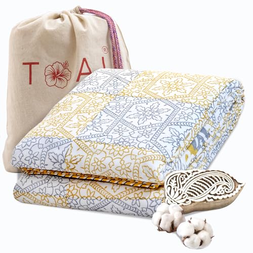 Image of TOAIArt Premium Jaipuri Dohar | AC Blanket Summer Quilt | Hand Block Printed | 3 Layers | Reversible | 150GSM 100% Mulmul Cotton | 100% Cotton Flannel Filling | Single 60 inch X 90 inch |Yellow Grey Jharokha