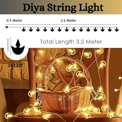 Image of XERGY Diya Shape Diwali String Lights, LED String Copper Lights with 14 Hanging Diyas (3.5m), Diya Diwali Fairy Lights Indoor Outdoor for Home Decoration (Warm White)