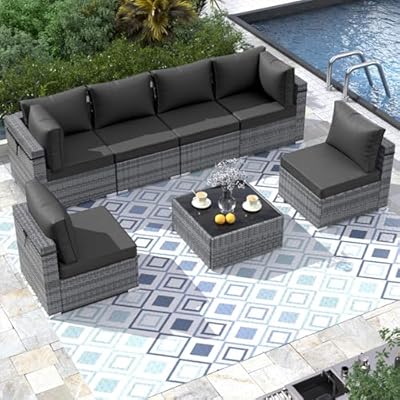 VONZOY Outdoor Patio Furniture Set 7 Pieces Sectional Rattan Sofa Set, PE Wicker Patio Conversation Set with 6 Seat Cushions and 1 Tempered Glass Table and Furniture Cover, Black