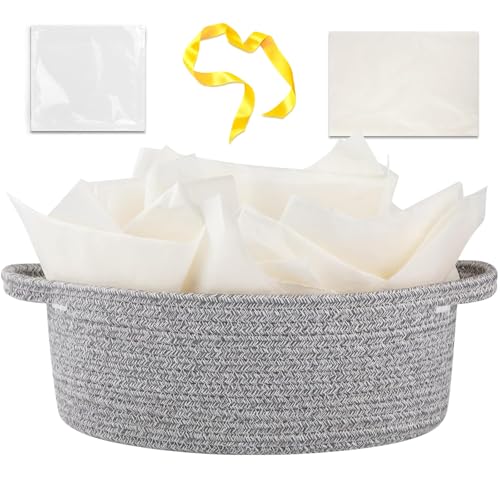 Image of OIAHOMY Gift Basket with Handle, Small Woven Basket with Gift Bag, Ribbon and Wrap Tissue Paper, Nursery Bins Empty to Fill with Small Items, Baby, Pet Toy Organizer - Grey