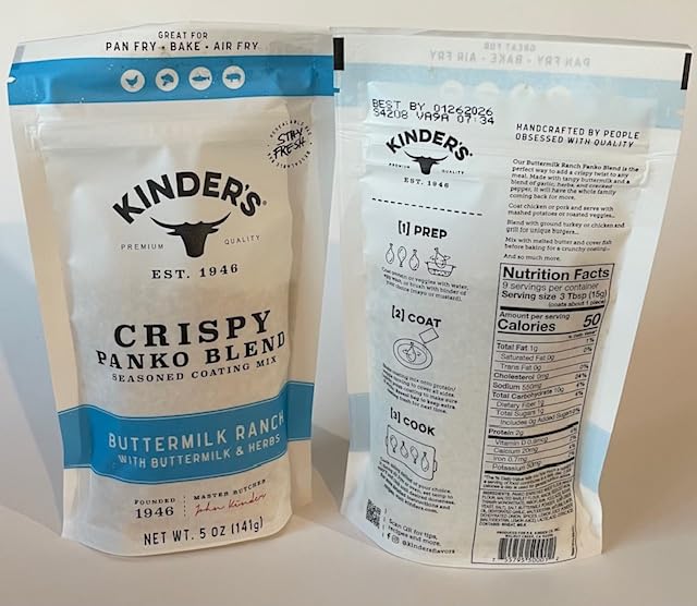 Kinders Crispy Panko Blend Seasoned Coating Mix Buttery Buffalo, Buttermilk Ranch, Woodfired Garlic (3 pack) with 7" cooking tong - 4 Items!