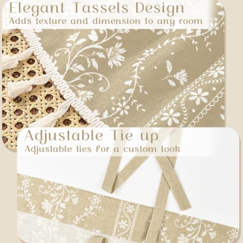 Image of Yinhua Boho Tie Up Curtains for Windows Vintage Linen Valance Light Filtering Floral Valance Rod Pocket Rustic Adjustable Tassel Window Valances for Bathroom, 42 inch W X 45 inch L, Natural