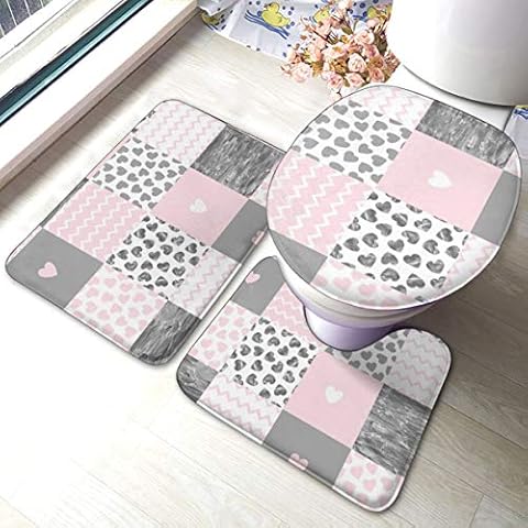 Meiya-Design Patchwork Pink Gray Hearts Patchwork Bathroom Rug Mats Set 3 Piece - Soft Shower Bath Rugs - Contour Mat and Toilet Lid Cover - Perfect Combination of Luxury and Comfort Cover