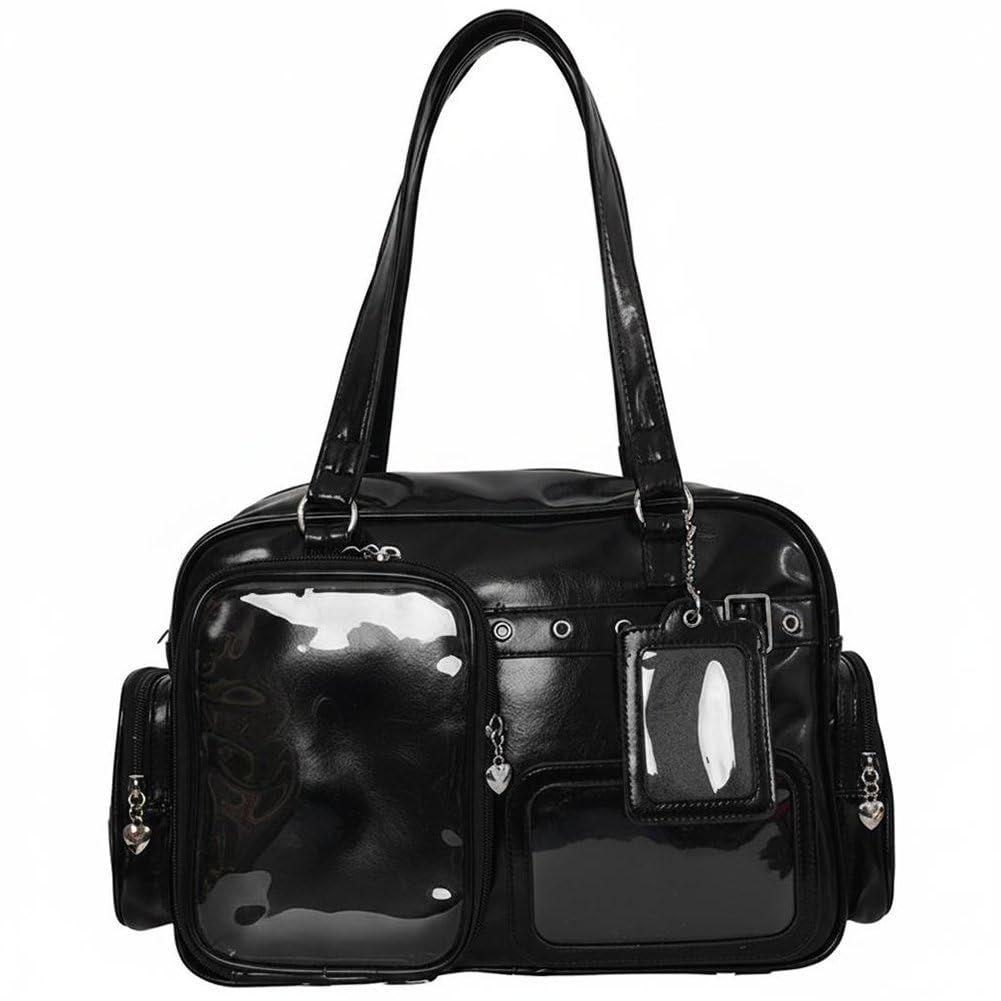 Fituenly Ita Bag PU Leather for Women, Y2K Transparent Large Capacity Shoulder Crossbody, DIY Badge Display Handbag Daily Messenger Tote