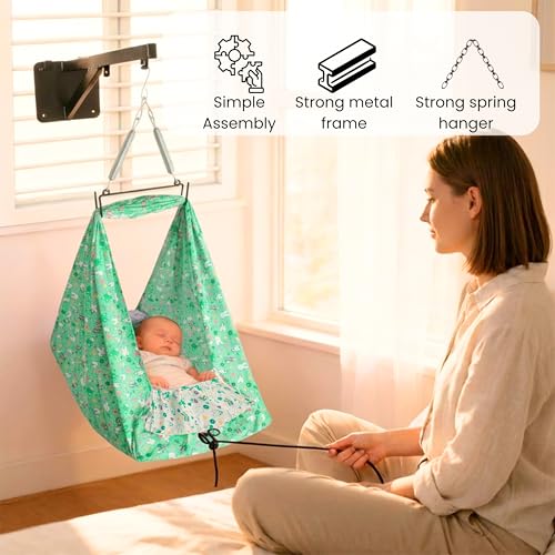 Image of Axmon Kids Cradle Jhula | Heavy Duty Iron Frame Baby Cradle | Weight Capacity Up to 20 kg | Pure Cotton with 1 Inch Support Sheet, Pillow, Safety Belt & Mosquito Net | Green