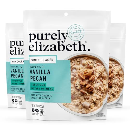 Image of Purely Elizabeth Collagen Oatmeal, Vanilla Pecan, Made with Organic Oats, Amaranth, Quinoa, and Chia Seeds, Gluten-Free, Non-GMO (3ct, 8oz Bags)