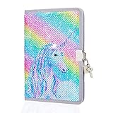MHJY Sequin Unicorn Journal Secret Diary with Lock,Reversible Mermaid Sequin Notebook Private Journal Magic Unicorn Notebook Gifts for Girls