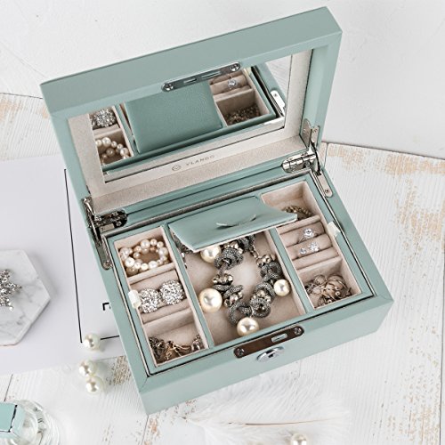 Vlando Retro Lockable Jewelry Box Organizer, Mirrored Jewelries Necklaces Earrings Rings Storage Case Holder With Key - Best Gifts For Women Girls, Aqua Green #TOP2