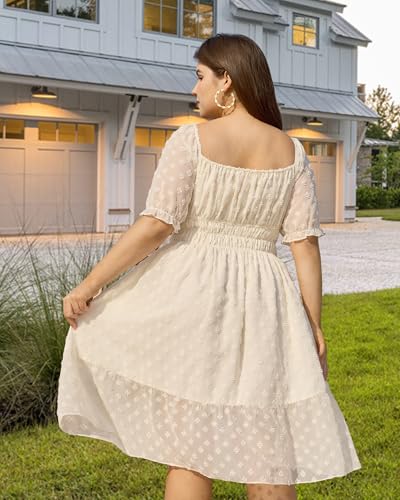 Image of 2025 Women Summer Plus Size Dresses Swiss Dot Puff Sleeve Square Neck Smocked Beach Vacation Flowy Tiered Dress