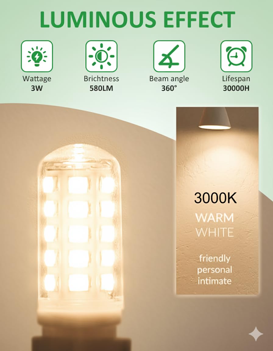 Euxper G9 3W Warm White LED Bulbs Equivalent to 40W Halogen Bulbs, 580 Lumens - Image 3