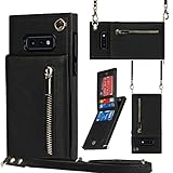 Phone Case for Samsung Galaxy S10e Wallet Cover with Crossbody Strap Leather Card Holder Flip Cases Lanyard Kickstand Credit Slots Magnetic Clasp Stand Cell Accessories S 10e 10se Se10 Girls Black