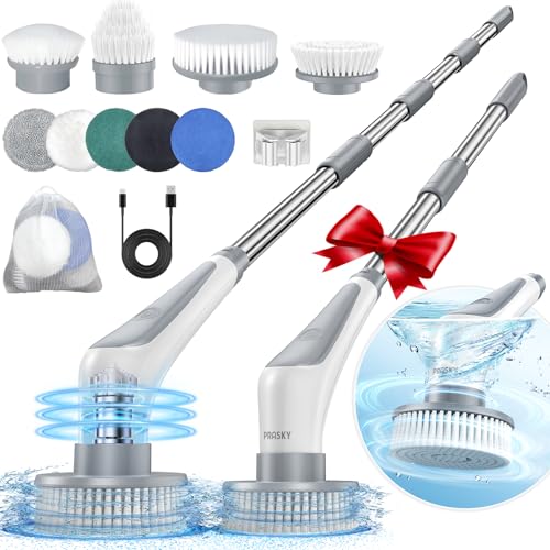 PRASKY Electric Spin Scrubber, Cordless Shower Scrubber, Long Handle Power Cleaning Scrub Brush, Dual Speed Extendable Cleaner Tool Set with 9 Replacement Head for Bathroom, Tub, Tile, Grout, Floor
