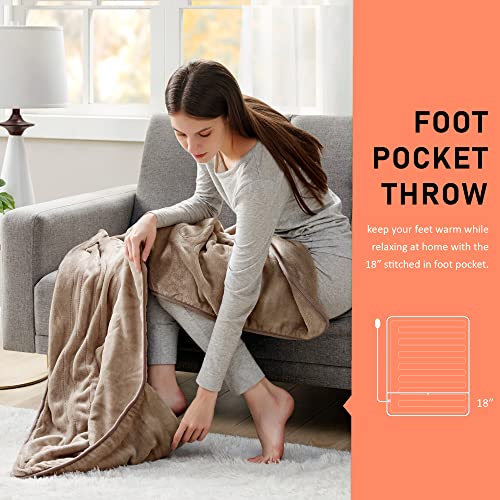 Degrees Of Comfort Oversized Heated Throw Blanket With Foot Pocket, Brown, 60X70 Inch | Micro-Plush Electric Throws For Couch | 3 Heating Levels With Auto Shut-Off | 6Ft Power Cord | Washable #TOP1