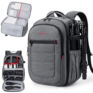 BAGSMART Camera Backpack, Expandable DSLR SLR Camera Bags for Photographers, Waterproof Photography Travel Backpack with 15.6″ Laptop Compartment &Tripod Holder, Grey