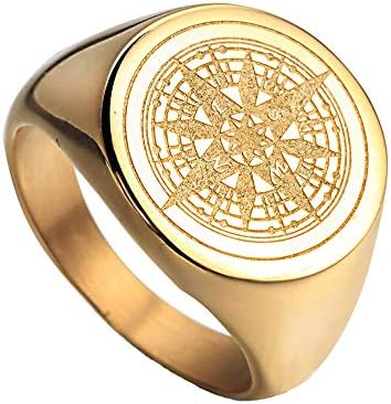 OAKKY Men's Stainless Steel Stars Vintage Round Compass Signet Ring Gold Size 7
