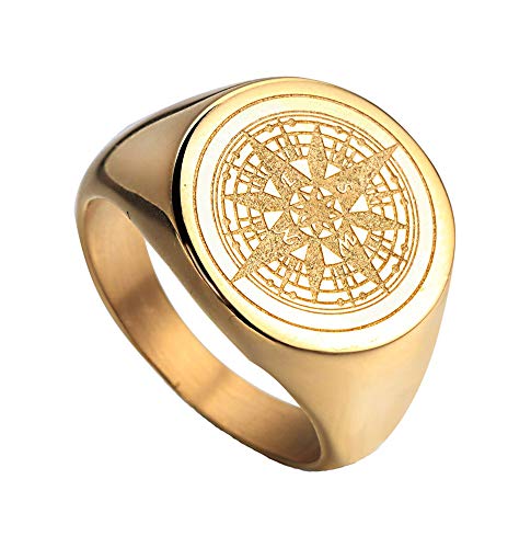 Oakky Men's Stainless Steel Stars Vintage Round Compass Signet Ring Gold Size 7 #TOP3