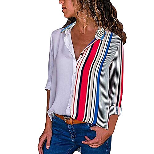 MOMOXI Tops para Mujer, Camiseta de Manga Larga Casual para Mujer Color Block Rayas Camisetas Blusas Casual Camiseta de Manga Corta de Impresión Tops de Solapa Elegantes Blusa Ocasionales Moda Suelto