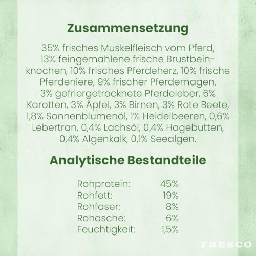 FRESCO Dog Trockenbarf Complete Plus Pferd | 1 kg | Trockenbarf für Kleine Hunde | Bestehend aus reinem Muskelfleisch, Innereien und Calcium-Knochen vom Pferd sowie Obst, Gemüse und Öl