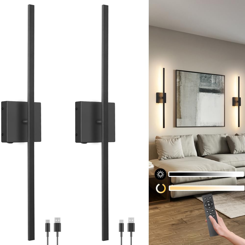 15000mAh Battery Operated Wall Sconce, Modern Black USB Rechargeable Wall Sconces Set of 2, LED Dimmable Wall Light Fixtures with Remote Control, Wireless Wall Light Lighting Time 24-120 hours ( Missing Charger)