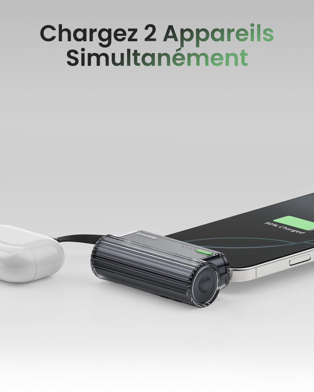 SHARGE Flow Mini 2.5000mAh Mini batteria esterna 22.5W PD USB C Power Bank | Batteria esterna compatta da 22,5 W con cavo USB-C integrato, ricarica rapida, doppia uscita e design ideale per i viaggi.