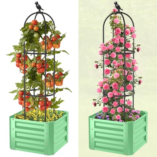 VNRFEIU Raised Garden Beds Outdoor, 1Pack Galvanized Metal Raised Garden Bed with Trellis, 16x16x60inch Tomato Cage Planters Box with Trellis for Climbing Plants Vegetable Vine Flowers