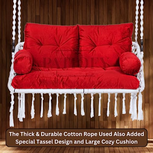 Image of Patiofy Premium White Double Seater Hanging Swing / 2 Seater Swing for Balcony /Double Seater Swing Chair /Swing for Adults for Home for 2 People /Jhula with Red Full Body Sitting Cushion & Hanging Kit