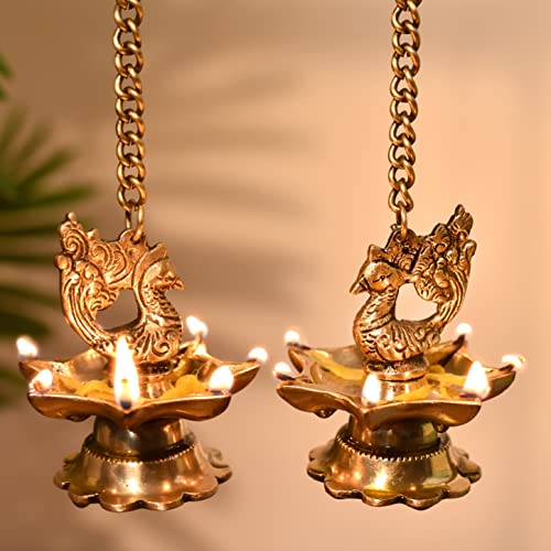 Indian Shelf Handmade Peacock with Chain Religious Diya for Ceremonies God Idols Hanging Deepak Awards Pooja Oil Lamps (Size: 8cm) BOL-357