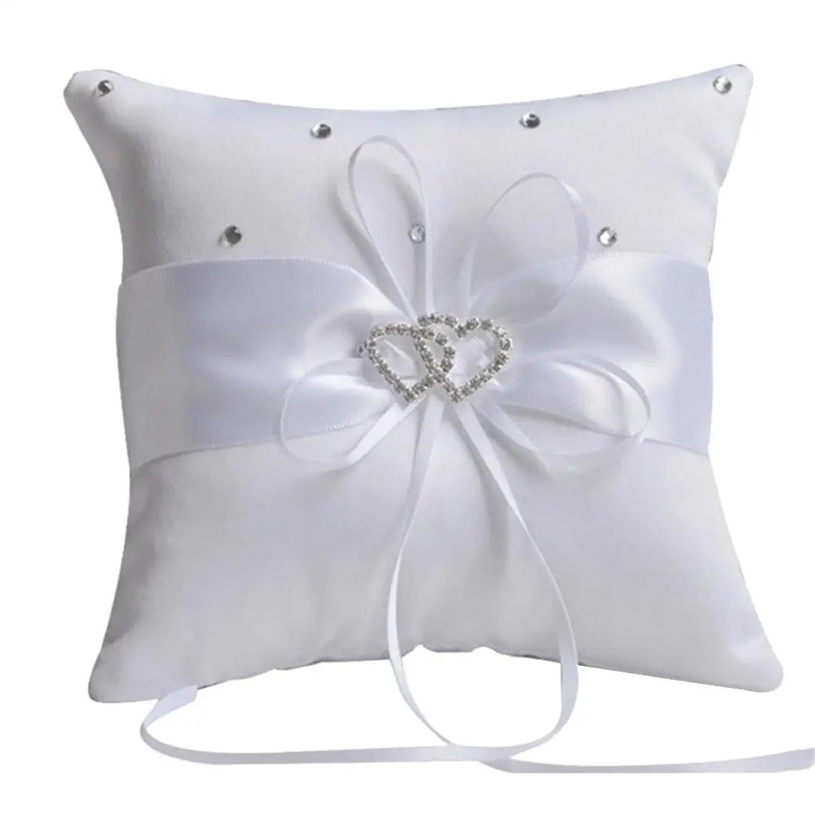 CGRSDSD Ring Bearer Pillow 10x10cm Double Heart Satin Ring Pillow Romantic Bridal Wedding Party Hotel Ring Pillow Ribbon Cushion Wedding Decor(White)