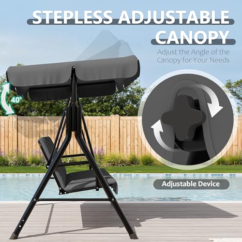 Image of Garvee Outdoor Porch Swing with Adjustable Canopy, 3-Seat Patio Swing Chair with Stand, Heavy Duty Outdoor Swing for Adults, Metal Frame Patio Swing for Garden, Backyard & Poolside,Grey