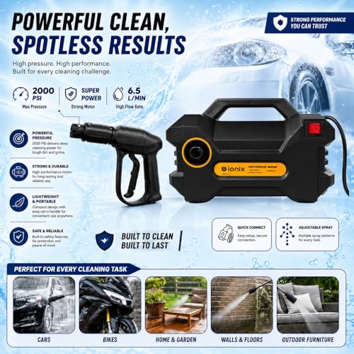 Image of IONIX High Pressure Cleaning Machine 2000W | 70-80 Bar Working Pressure | 7 L /Min Water Flow | 220V Compact Electric Washer for Car, Bike, Home & Outdoor Cleaning