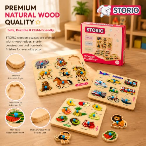 Image of Storio Wooden Puzzle Combo Set for Kids, Vehicle Fruit & Animal Knob Puzzles, Montessori Educational Learning Toy, Fine Motor Skill Wooden Board for Toddlers Boys Girls Age 2+ Years