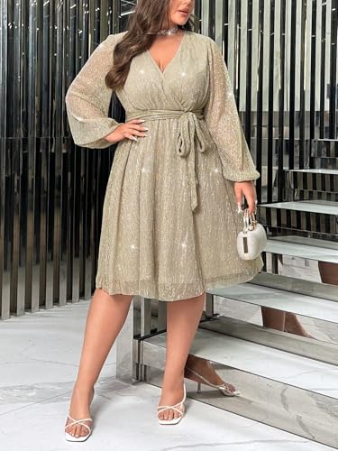 Image of RED DOT BOUTIQUE 876 - Plus Size Elegant Sheer Sleeve Dress with Waist Sparkle Chiffon Mesh Cocktail Dress