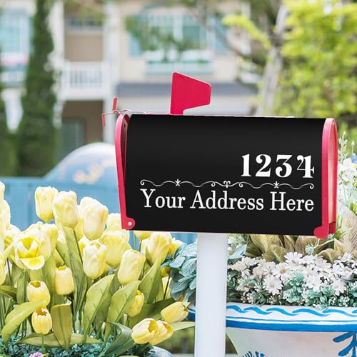 Image of Harooni Personalized Custom Mailbox Covers Magnetic Standard Size 25.5x21 Inch Custom Numbers Street Mailbox Wraps Customized House Address Numbers Post Letter Box Cover for Home Gadern Decor