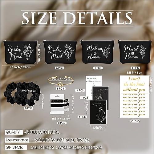 48 Pcs 8 Sets Bridesmaid Proposal Gifts Bulk Wedding Will You Be My Maid of Honor Matron of Honor Bridal Shower Makeup Bags Scrunchies Bracelets Cards for Wedding Bridesmaids(Black)2