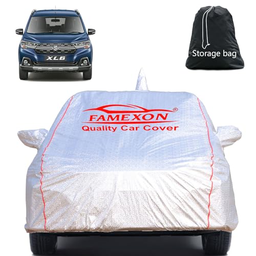 Image of Full Body Car Cover for Maruti Suzuki XL6 with Mirror and Antena Pocket Triple Stiched(Silver with Red Piping)