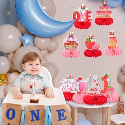 Image of 9pcs Strawberry 1st Birthday Honeycomb Centerpieces First Birthday Party Decorations for Girls Sweet ONE Strawberry Table Centerpieces Baby Shower One Birthday Table Topper Sign Decorations