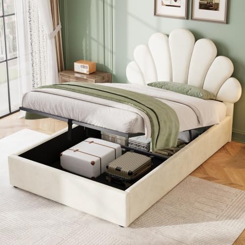 Merax Upholstered Daybed with Hydraulic Storage - 3FT Single Sofa Bed, Velvet Petal Headboard, Adjustable Headboard, Beige, No Box Spring Needed (No Mattress)