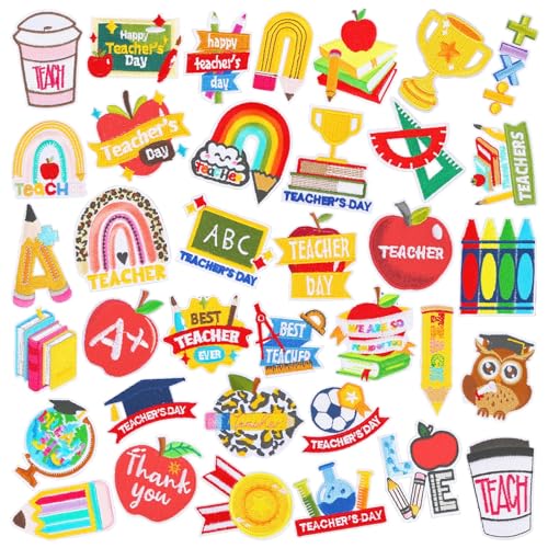 AUGSUN 36pcs Teacher Iron on Patches Graduation Teacher Appreciation Embroidered Sew Applique Repair Patch Back to School for Teacher Student Clothing Dress Backpack Hat Decorations
