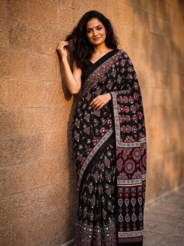 Image of Ajrakh Modal Silk Saree for Women | Mirror Work Black Saree | Gajji Silk Red Pallu Tassels | Designer Sarees for Women Party | Ajrakh Print Saree | Modal Silk Sarees Original