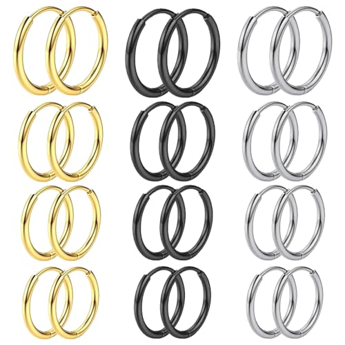 JOOTUEPO Boucles d'Oreilles, 12 Paires Boucles d'Oreilles Créoles Or/Argent/Noir, Boucle D'oreille Acier Inoxydable, Boucle d Oreille Homme Anneaux, Hypoallergéniques,...