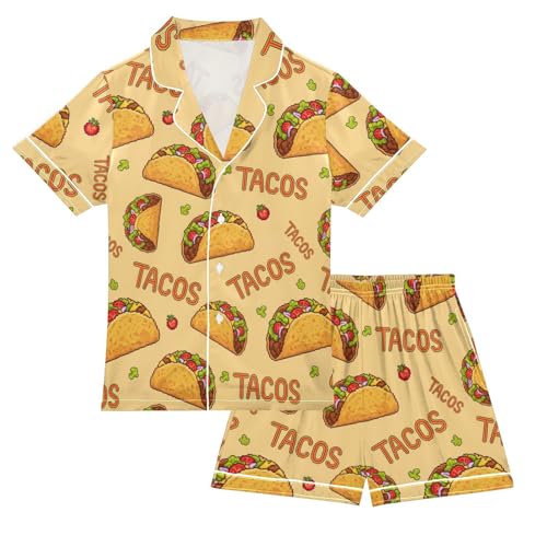 Satin Pajama Sets Short Sleeve Yummy Tacos Cartoon Button Down Silky Nightwear 2 Piece PJS 5-14Y